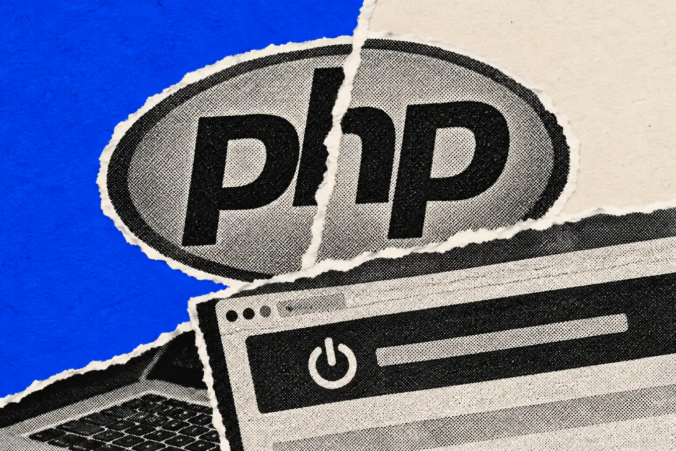 Logo PHP fendu devant une page web coupée