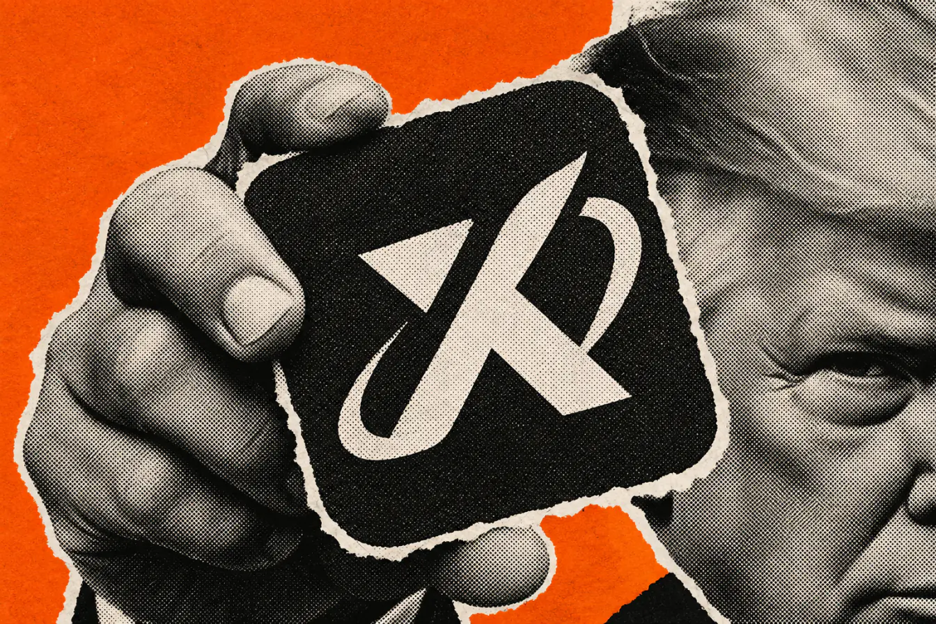 Logo Grok serré par un fragment de Trump