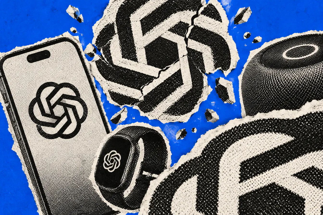 Logo d’IA fissuré parmi des gadgets stoppés