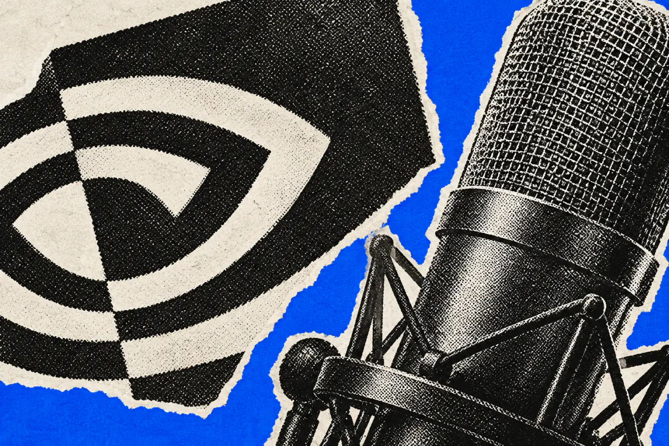 Logo Nvidia serrant un microphone géant