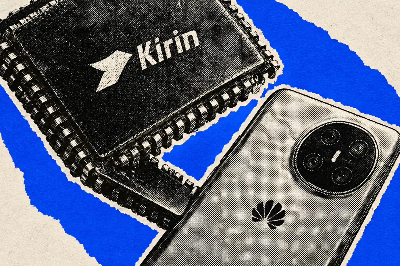 Puce Kirin serrant un smartphone Huawei