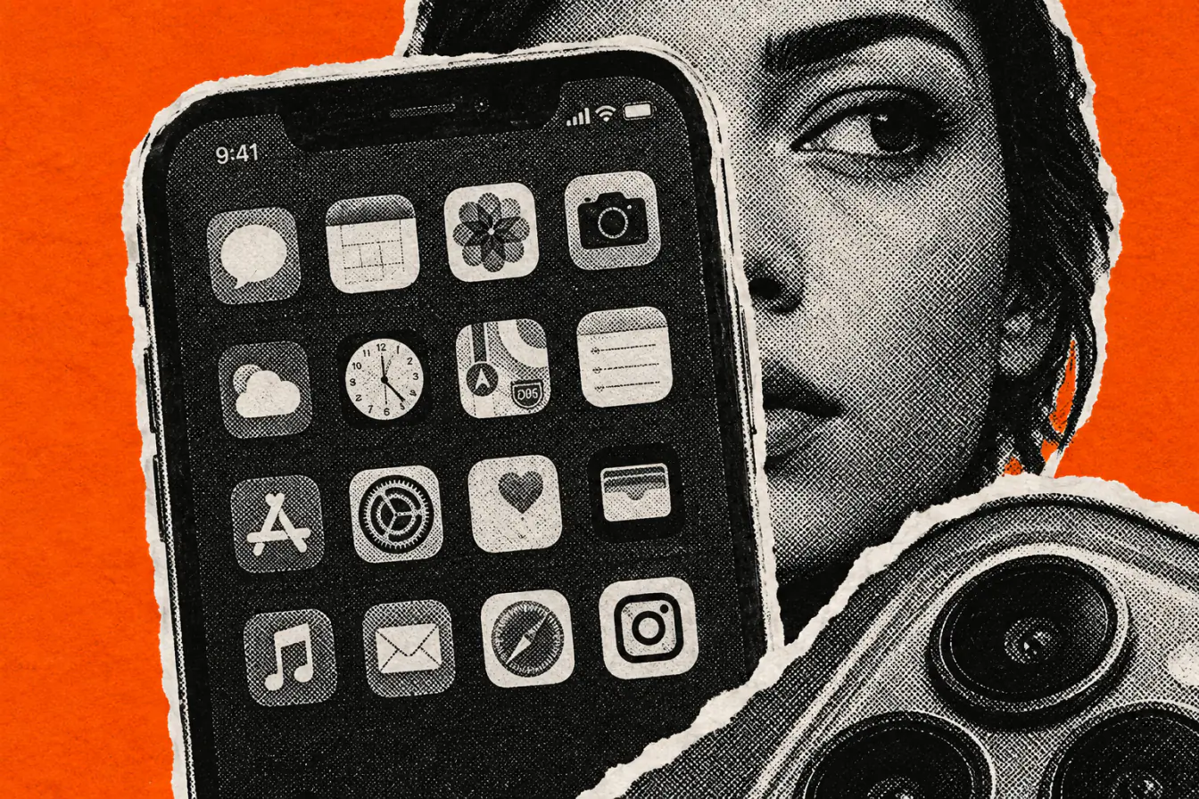 Smartphone géant devant un visage tramé