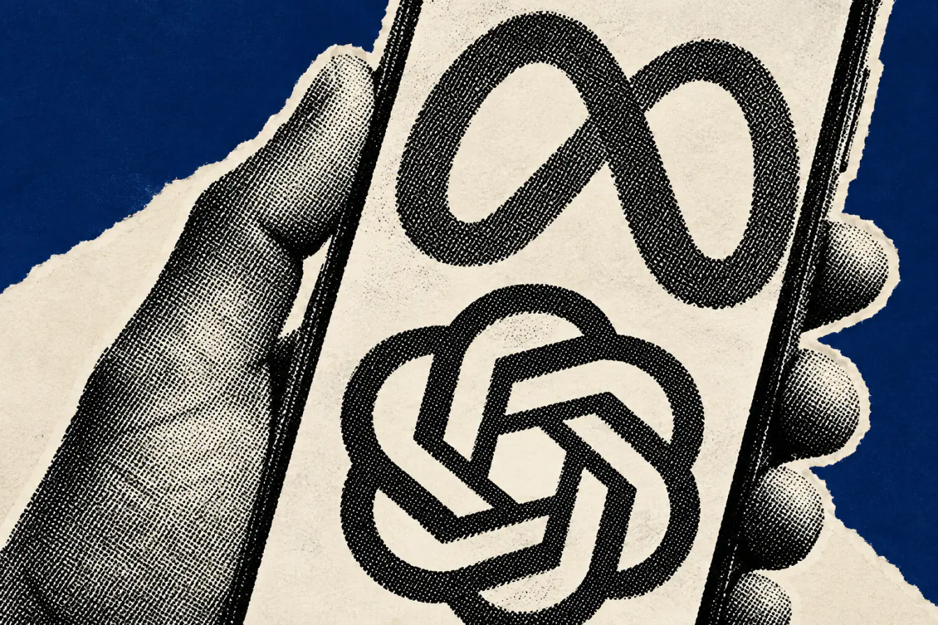 Main, smartphone et logos IA en gros plan