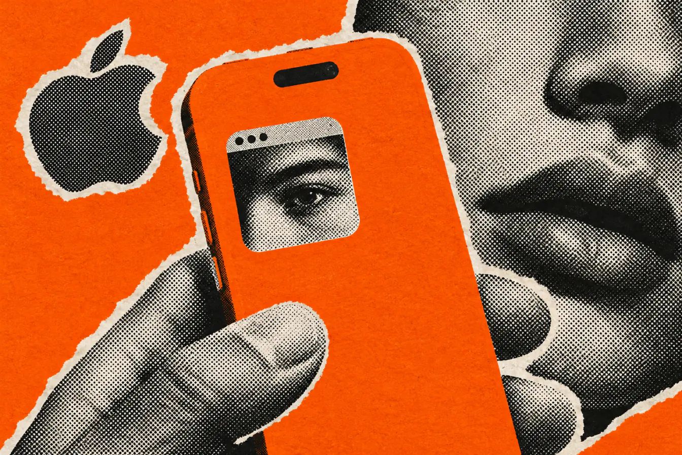 Smartphone orange avec visage et mini-app