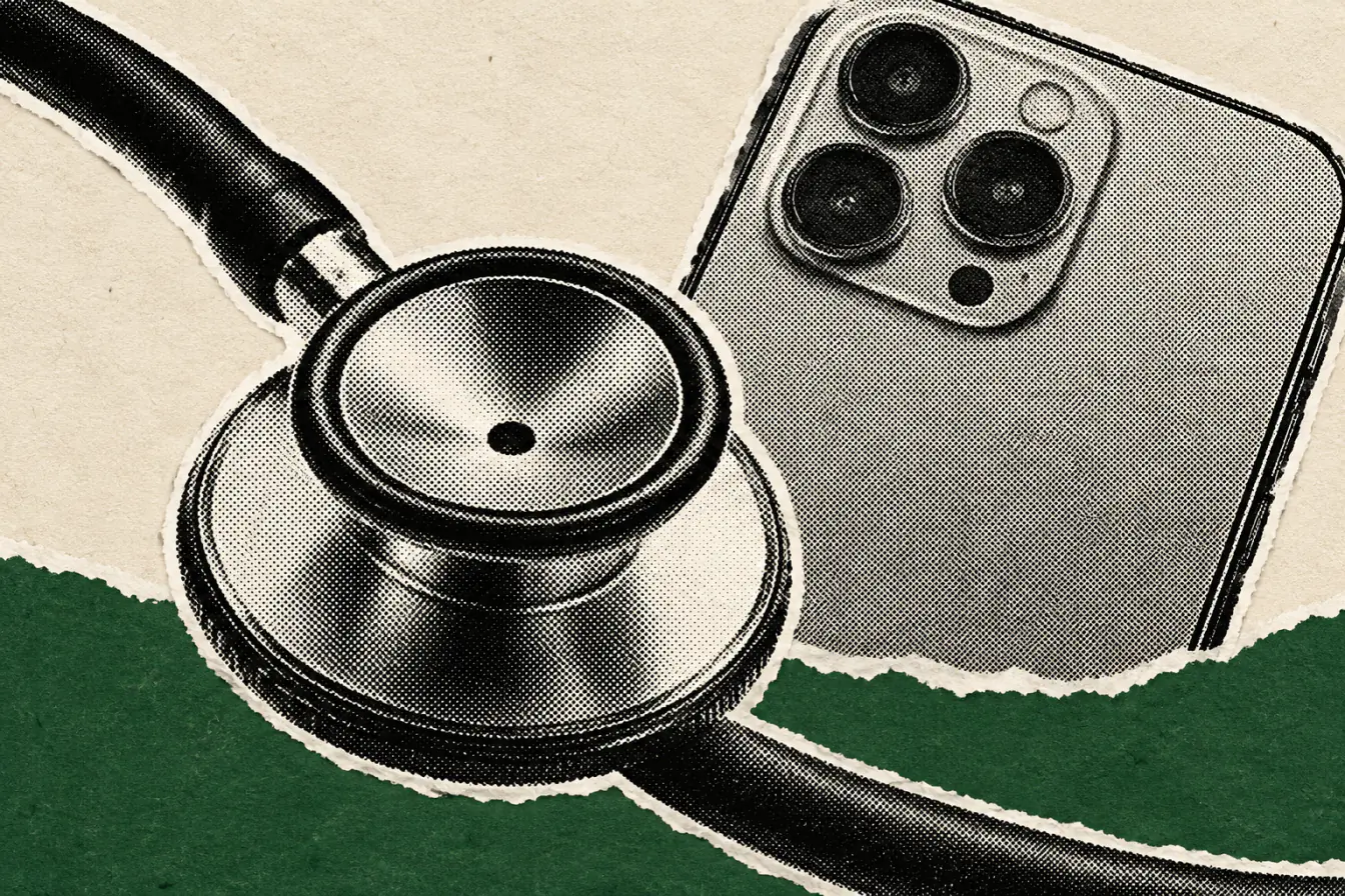 Stéthoscope et smartphone sur bande verte